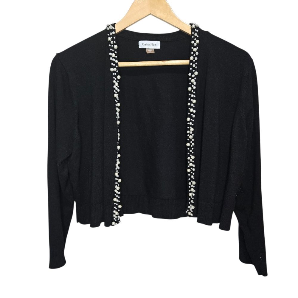 Calvin Klein Black Cardigan with Bead Pearl Accents